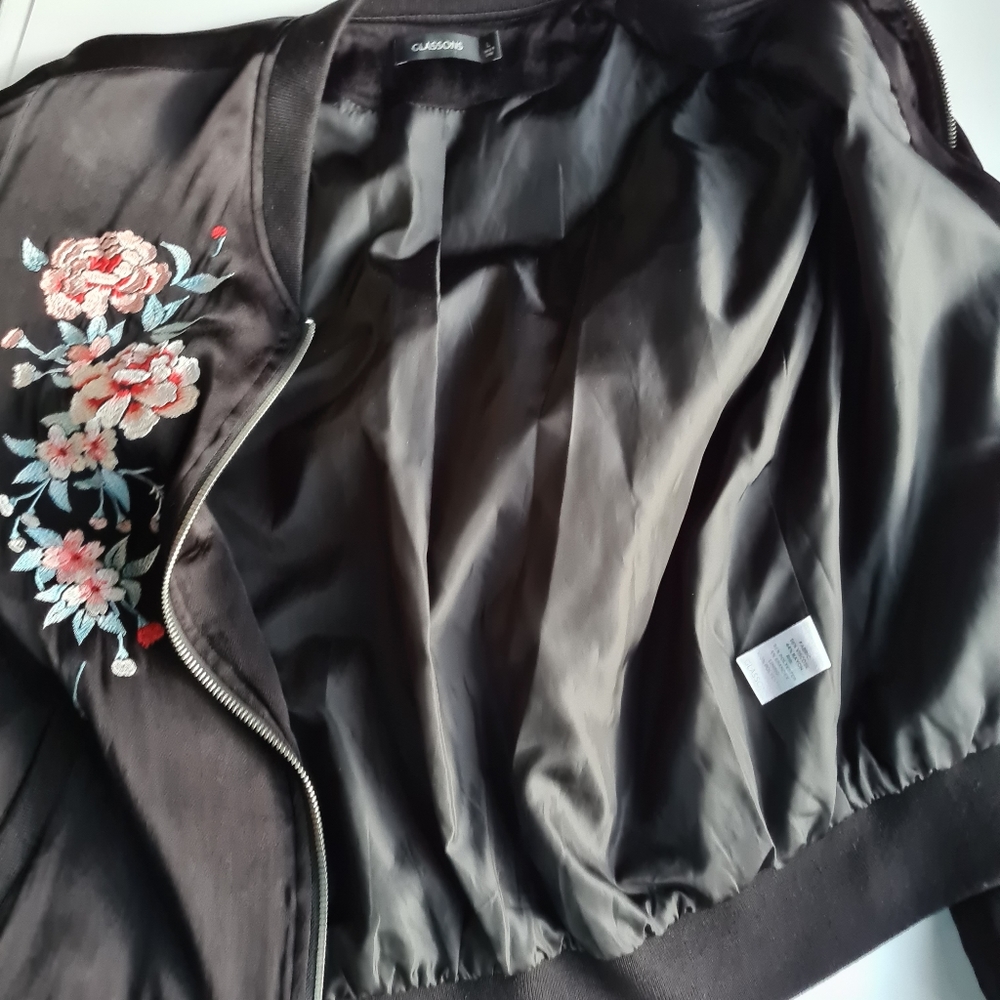 Glassons Size L Women's Black Satin Feel Floral Embroidered Bomber Jacket - Picture 10 of 13